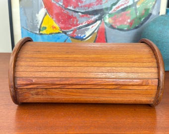 Vintag Teak Wood Oval Tambour Storage Jewelry Box