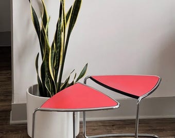 Bauhaus Tubular Red Laminate Triangle Side Tables