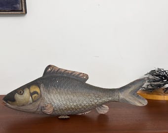 Antique Metal Fish Trade Sign, 19th C Zinc Coated Sheet Iron Common Carp, Double Sided Americana Folk Art Weathered