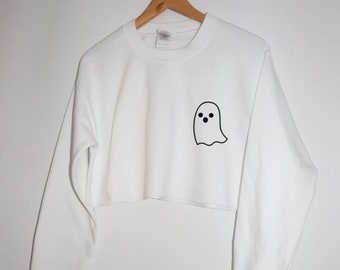 fantasma espeluznante S-L cultivo recortado sudadera unisex negro blanco Halloween fiesta traje lindo
