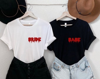 drip bride babe © unisex top XS-XL crew-neck tee black  Halloween party bridesmaid bachelorette red dripping font glitter