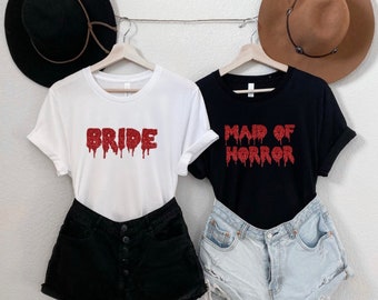 glitter drip this witch is getting hitched © bridal party - XS-XL  crew-neck tee Halloween bachelorette party wedding dripping font blood
