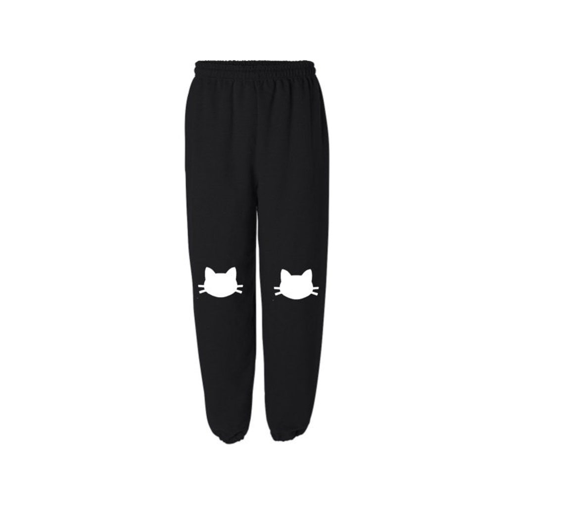 Cat Knee Joggers © Unisex Pants SL Black White Sweatpants Etsy