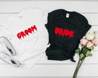 bride groom blood unisex top - XS-XL  crew-neck tee Halloween bachelorette party wedding dripping font mr. mrs.