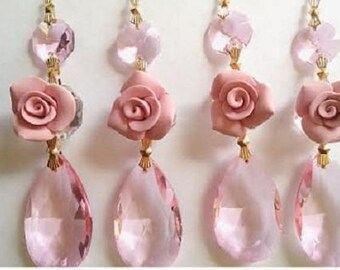 5 Pink Teardrop 38mm Chandelier Crystals with Roses Shabby Chic