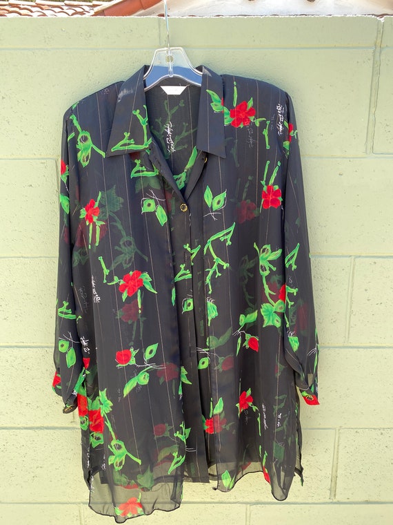 Vintage 1990s Chiffon Cherry Blossom Print Blouse
