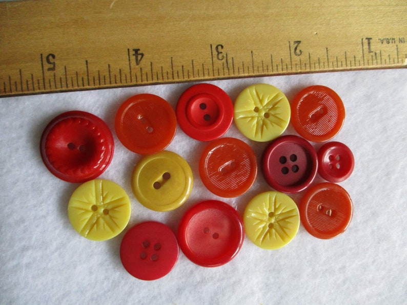 14 Red and Yellow Old Plastic Buttons House Dress Buttons,