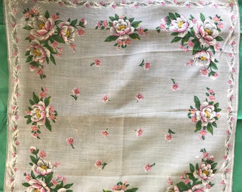 Vintage Handkerchief, Floral 1940s Light Blue for Brides, Hanky, Pink & White Flower, Graduation Gift, Wedding, Kleenex, Grandma Hanky