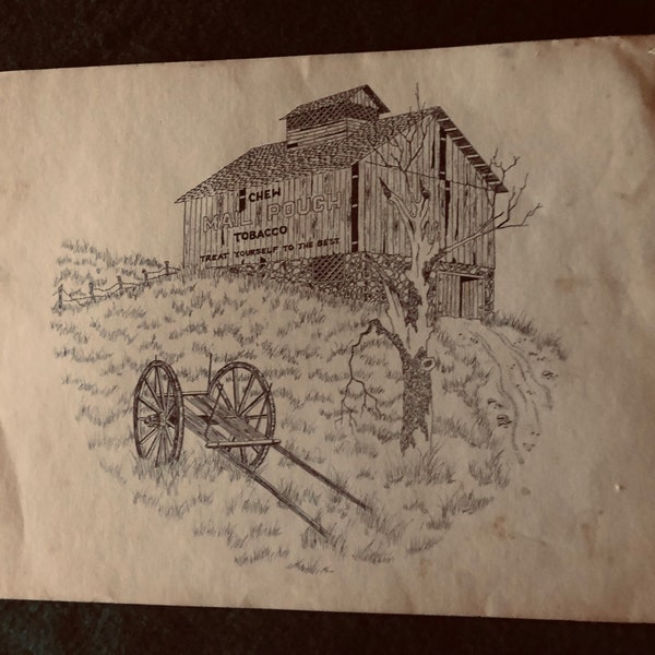 Vintage Pen and Ink Prints.  Advertising Pictures, New Era Potato Chips and Mail Pouch Tobacco.  Old Barns in a Field.