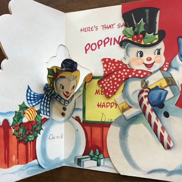 Vintage Holiday 1950  Pop Up Card with Mr and Mrs Snowman with Presents. Free Shipping,  Children's Christmas Card, Gay Greetings Co.