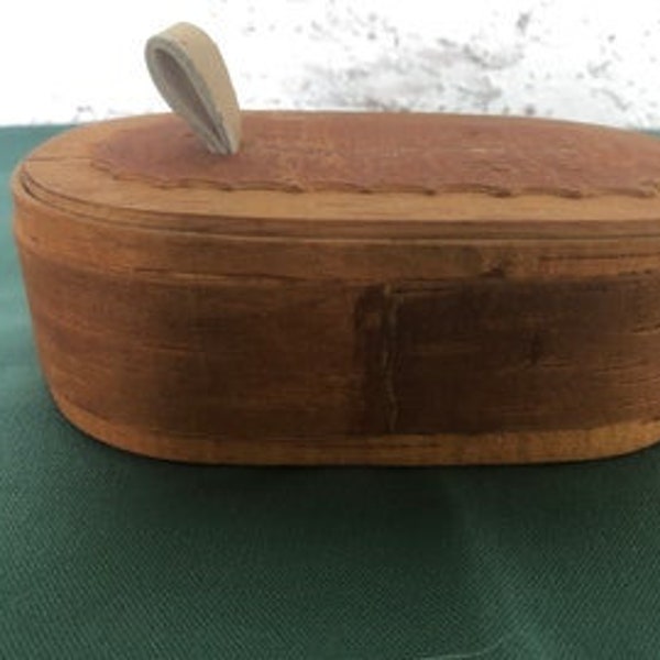 Vintage Scandinavian Hand Carved Trinket Box Made of Birch.  Leather Strap, Carved Design, Wooden Layered Birch One of a  Kind.  Farmhouse