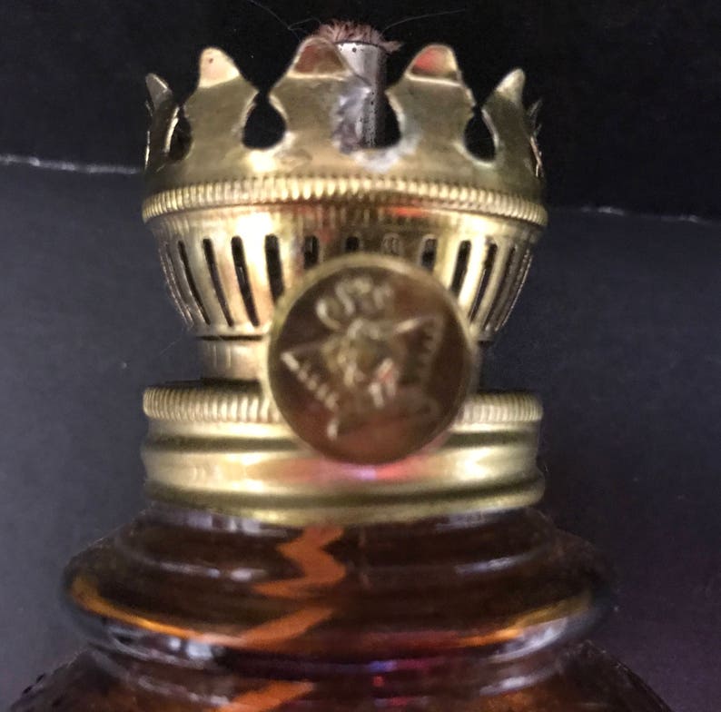 No Chimney Scented Oils Kerosene Lamp Free US SH Vintage Miniature Lamp with Press Glass Amber Swirls /& Dots Oil Lamp Works Great