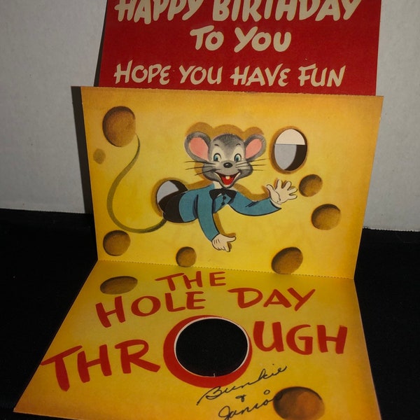 Vintage Happy Birthday Childrens Card with a Mouse in a Tie & Jacket Popping Out of Swiss Cheese! 3 Dimensional, Fold Out Humorous Card,