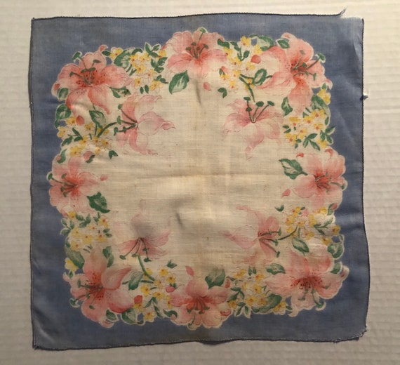 Vintage handkerchief Cotton Fabric in Pastels. Bl… - image 4