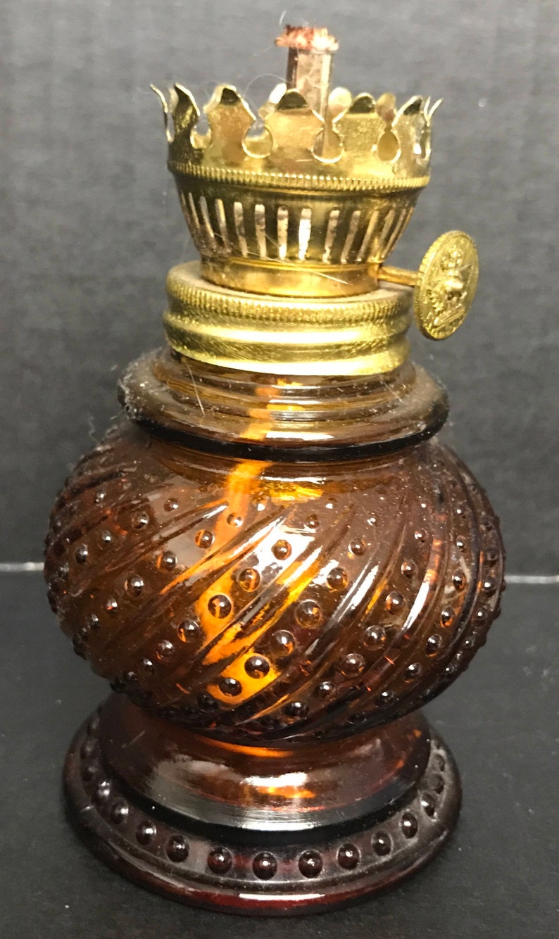 No Chimney Scented Oils Kerosene Lamp Free US SH Vintage Miniature Lamp with Press Glass Amber Swirls /& Dots Oil Lamp Works Great