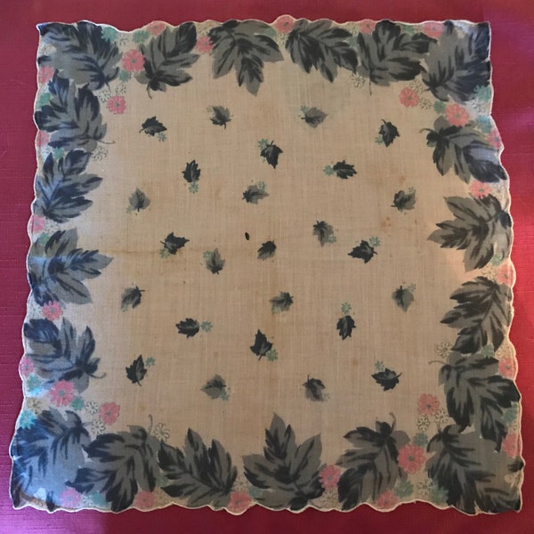 Handkerchief Vintage, Grey Leaves and Pink, Green, White Flowers, Scalloped Edges, White Background, Cotton Fabric, Grandma's Gift, Tissue