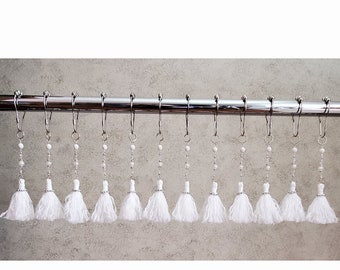 Decorative Shower Curtain Hook Accents/Charms/ Ornaments...White Tassels with Bead Strand...Set of 12