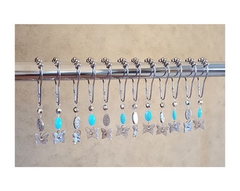 Decorative Shower Curtain Hooks.. Silver Butterflies and Beads...Set of 12  Acrylic Plastic Resin Beads