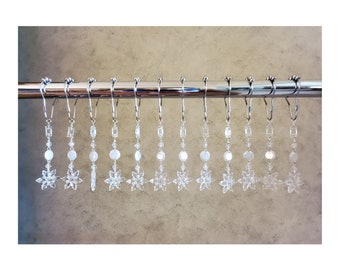 Decorative Shower Curtain Hooks...Crystal Acrylic Plastic Resin Beads. Snowflakes with Pearlized Gems...Set of 12