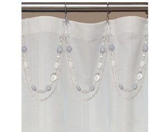 BeadedShower Curtain Bling Hook/Ring Accessory...Clear White and Blue Double Swag.   Acrylic Plastic Resin Beads