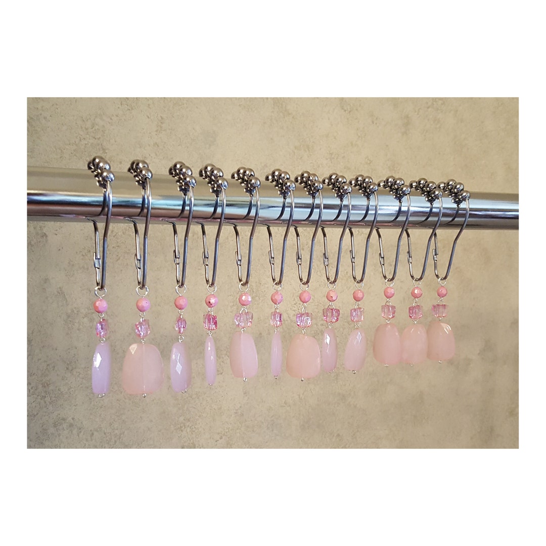 Decorative Shower Curtain Hooks.. Pink With Butterfly Bead...set of 12 Acrylic Plastic Resin ...