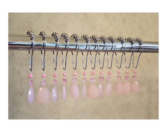 Decorative Shower Curtain Hooks.. Pink with butterfly bead...Set of 12 Acrylic Plastic Resin Beads