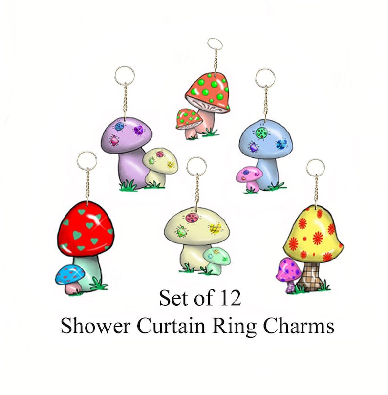 Shower Curtain Hook Accents/Charms/ Ornaments...Cute Mushroom Patches....Set of 12...Custom made to order image 1