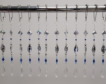 Decorative Shower Curtain Hook Ornaments.. Clear Gem Strands with Sapphire Accents...Set of 12