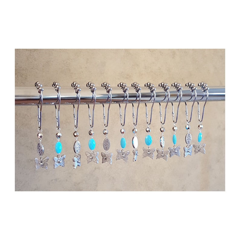 Decorative Shower Curtain Hooks.. Silver Butterflies and Beads...set of