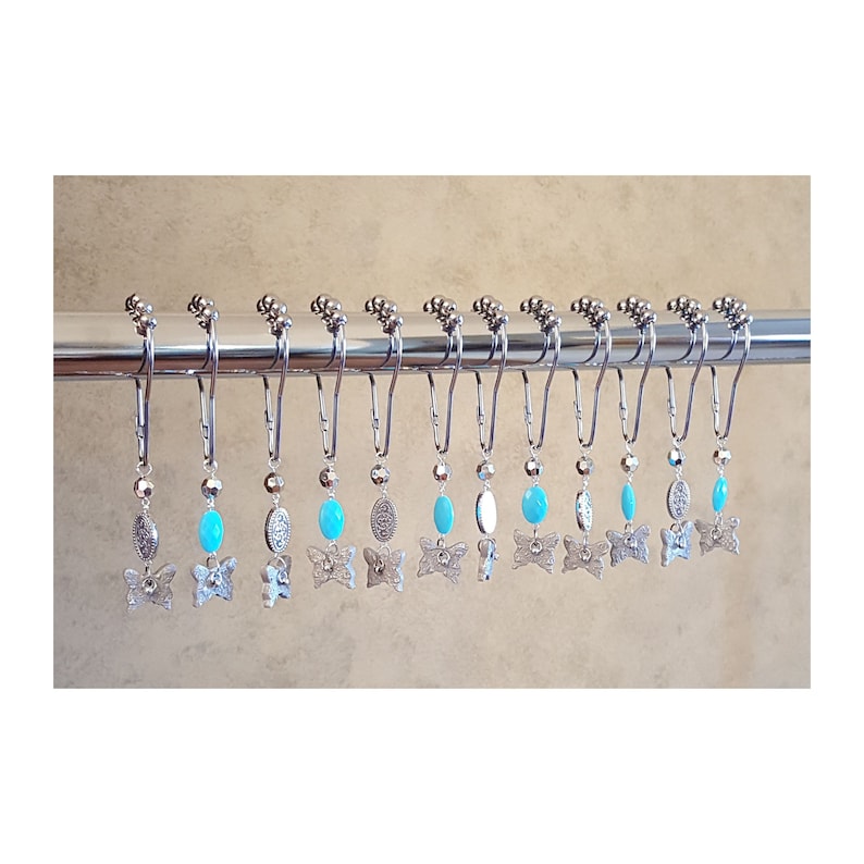 Decorative Shower Curtain Hooks.. Silver Butterflies and Beads...Set of 12 Acrylic Plastic Resin Beads image 1