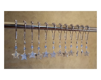 Decorative Shower Curtain Hooks.. Silver Stars with Light Sapphire beads...Set of 12