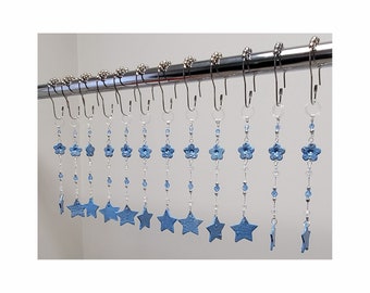 Decorative Shower Curtain Hook Accents/Charms/ Ornaments ... Blue Star and Flower strands. set of 12