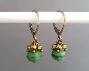 Boucles D'oreilles Pendantes Femme Faites Main - Grappe De Perles Vertes, Olive Et Bleutées