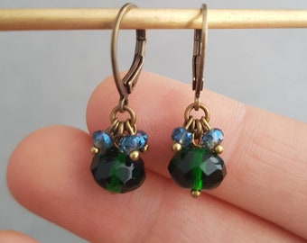 Emerald green cluster earrings, cute dangle vintage style earrings, green and blue crystal earrings, christmas gift for her