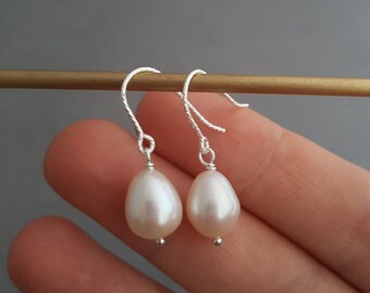 Sterling silver pearl drop wedding earrings, bridesmaid gift, freshwater pearl minimalist jewellery for her