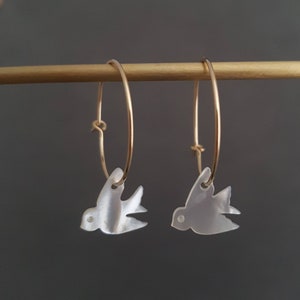 White bird earrings gold filled hoops, mother of pearl swallow dangle earrings sterling silver, birthday gift for nature lover, cute jewelry