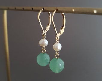 Green aventurine earring small cultured pearl, old sleepers, gift for woman