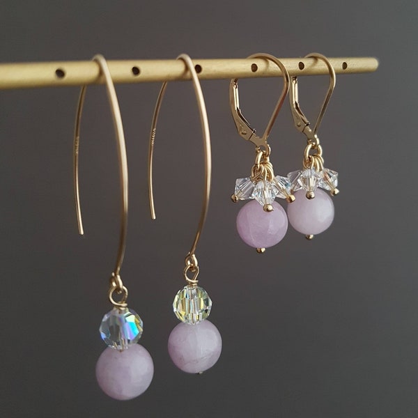 Kunzite crystal earrings, rose gold dangling earrings, wedding earring, pink natural stone earrings
