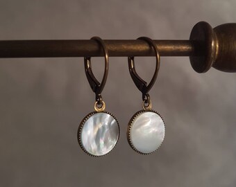 Dainty mother of pearl earrings, vintage dangle lever back earrings, gift for mother, bridal earrings, gift for her, victorian jewelry