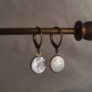 Dainty mother of pearl earrings, vintage dangle lever back earrings, gift for mother, bridal earrings, gift for her, victorian jewelry