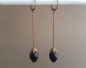 Black drop dangling earrings on old style brass chain, Victorian style jewelry, gift for woman