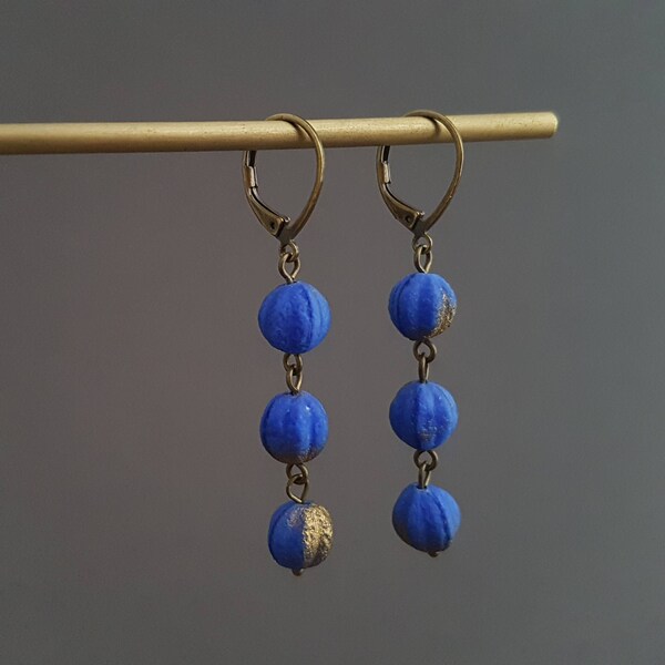 Boucles d'oreilles longues bleu roi bronze vintage, boucles d'oreilles pendantes bleu cobalt, cadeau pour femme, fete des meres