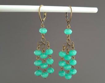 Green boho earrings, vintage dangling earrings, long art deco earrings, gift for woman, Mother's Day