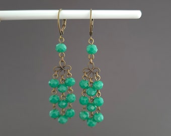 Long boho spirit earrings, green dangling earrings, large chandelier earrings for women, Mother's Day gift