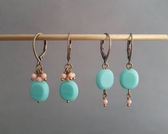 Vintage blue and pink sleepers, light turquoise and powder pink earrings on mini bronze brass creole, gift for woman