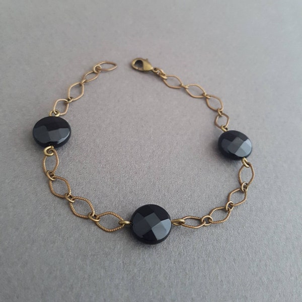 Bracelet  noir pierres naturelles, bracelet vintage onyx bronze antique, cadeau pour femme