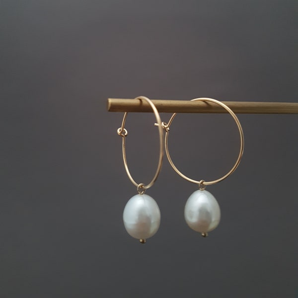 Créoles or perles de culture blanches, boucles d'oreilles mariage, cadeau pour femme