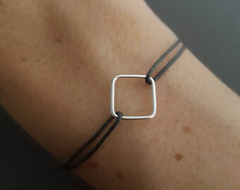 Silver square charm cord bracelet, minimalist bracelet, couple bracelet, men's gift, women's jewelry, unisex jewelry, anniversary gift