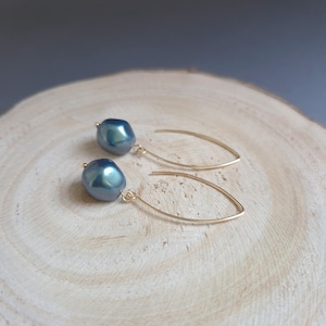 Peacock green pearl drop earrings, large elegant earrings, gold filled, gift for her