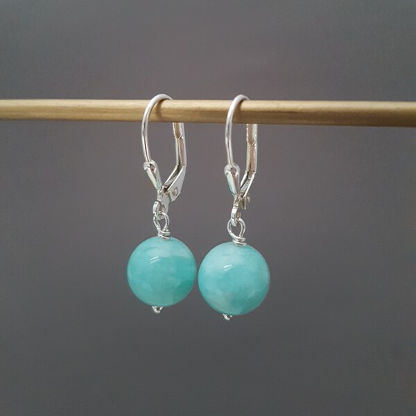 Amazonite dangle earrings, sterling silver lever back amazonite earrings, gift for her, handmade gemstone dangle earrings